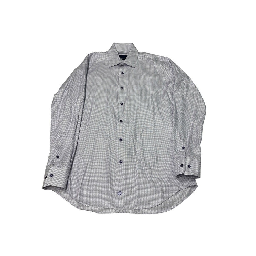 David Donahue Trim Fit Dress Shirt Purple White Micro Check Mens 16 34/35 Cotton